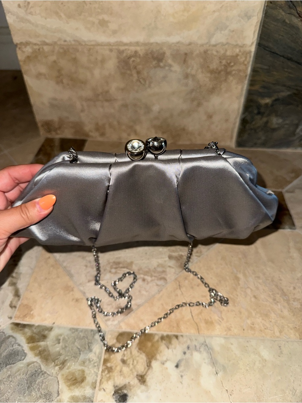 Antonio Melani Silver Satin Crystal Clasp Evening Clutch Chain Bag